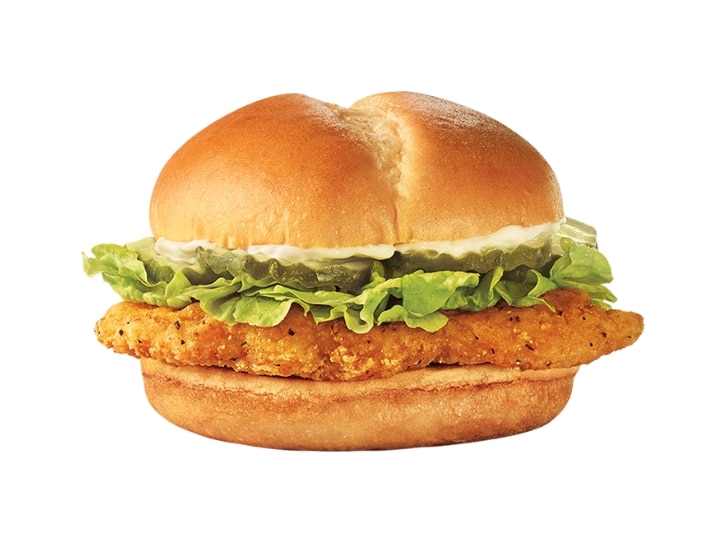 A Sonic crispy chicken sandwich on a white background.