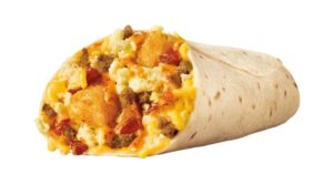 A Sonic ultimate meat and cheese breakfast burrito on a white background.