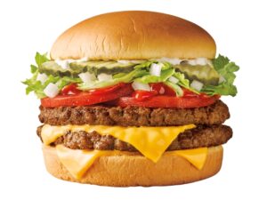 A Supersonic double cheeseburger on a white background.