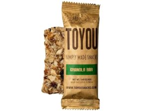 An individual ToYou granola bar in front of an unwrapped bar on a white background.
