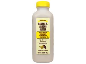 An image of a Trader Joe's banana almond butter protein smoothie on a white background