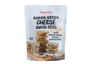 An image of a bag of Trader Joe's super seedy cheese snack bites on a white background