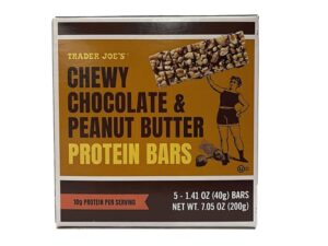 An image of a Trader Joe's chewy chocolate peanut butter protein bars on a white background