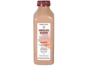 An image of a Trader Joe's chocolate almond protein smoothie on a white background