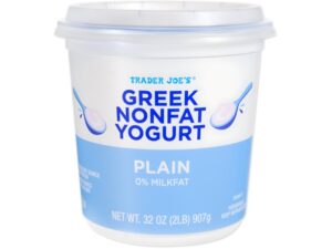 An image of a Trader Joe's greek nonfat yogurt on a white background.