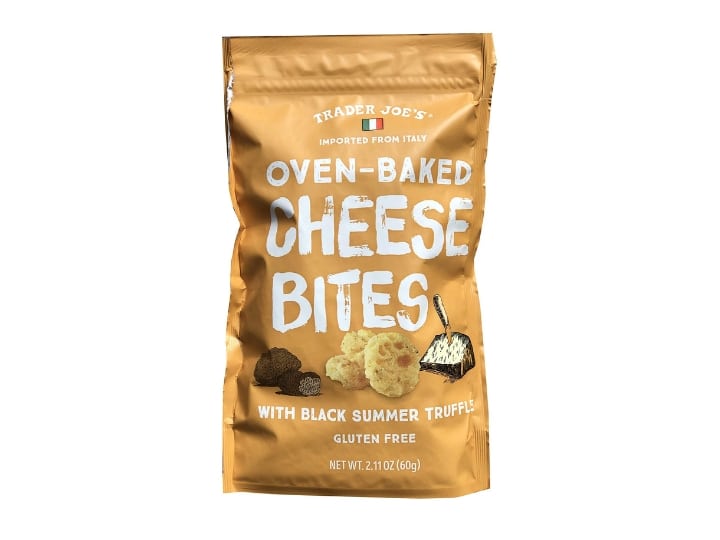 An image of a bag of Trader Joe's oven baked cheese bites on a white background