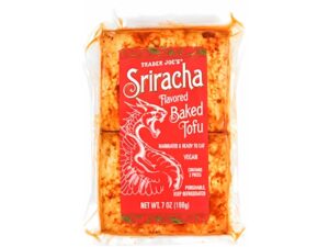An image of a package of Trader Joe's sirracha flavored baked tofu on a white background.