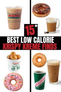 Several different photos of low calorie Krispy Kreme orders on a white background. There is text on a black background that reads "15+ Best Low Calorie Krispy Kreme Finds"