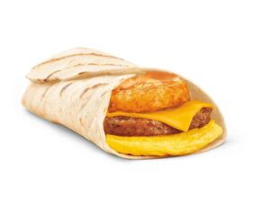 An image of a Tim Hortons farmer breakfast wrap on a white background.