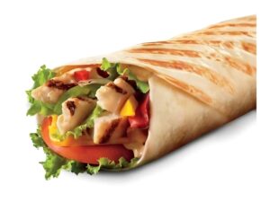 An image of a Tim Hortons grilled chipotle chicken wrap on a white background.