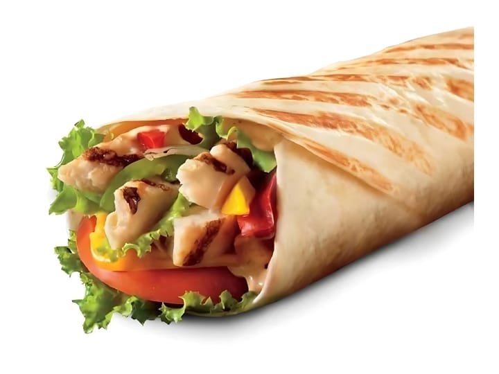 An image of a Tim Hortons grilled chipotle chicken wrap on a white background.