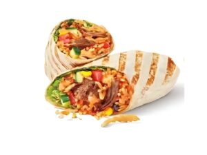 An image of a Tim Hortons grilled chipotle steak wrap on a white background.