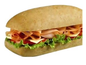 An image of a Tim Hortons ham and swiss sandwich on a white background.