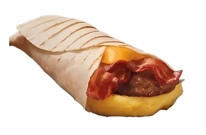 An image of a Tim Hortons loaded breakfast wrap on a white background.