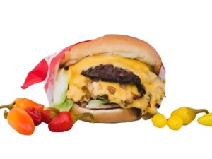 An image of the In N Out cheeseburger with chilis on a white background.