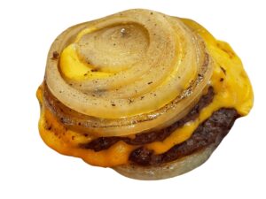 An image of an In N Out onion wrapped cheeseburger on a white background.
