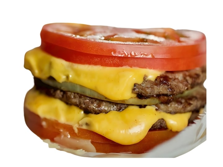 An image of an In N Out tomato wrap cheeseburger on a white background.
