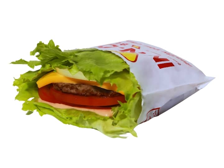 An image of an In N Out protein style cheeseburger on a white background.