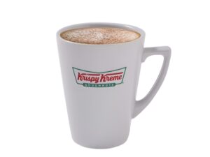 An image of a cappuccino from Krispy Kreme in a ceramic mug on a white background.