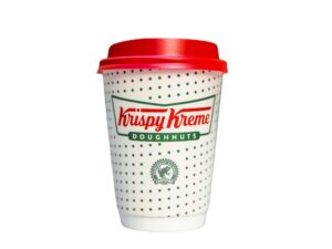 An image of a hot latte from Krispy Kreme in a paper cup with a lid An image of a vanilla iced coffee from Krispy Kreme on a white background.