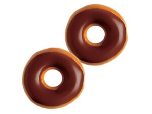 An image of two mini chocolate iced doughnuts on a white background.