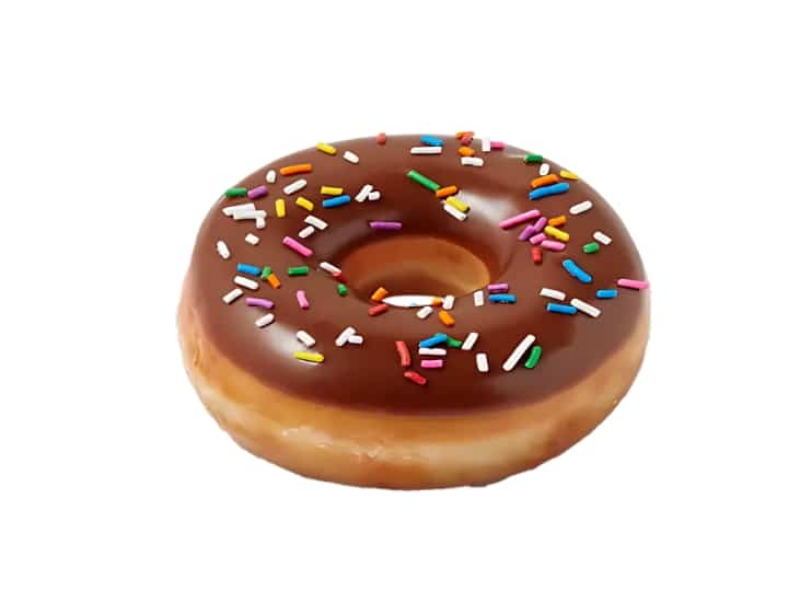 An image of a mini chocolate iced doughnut with sprinkles from Krispy Kreme on a white background.