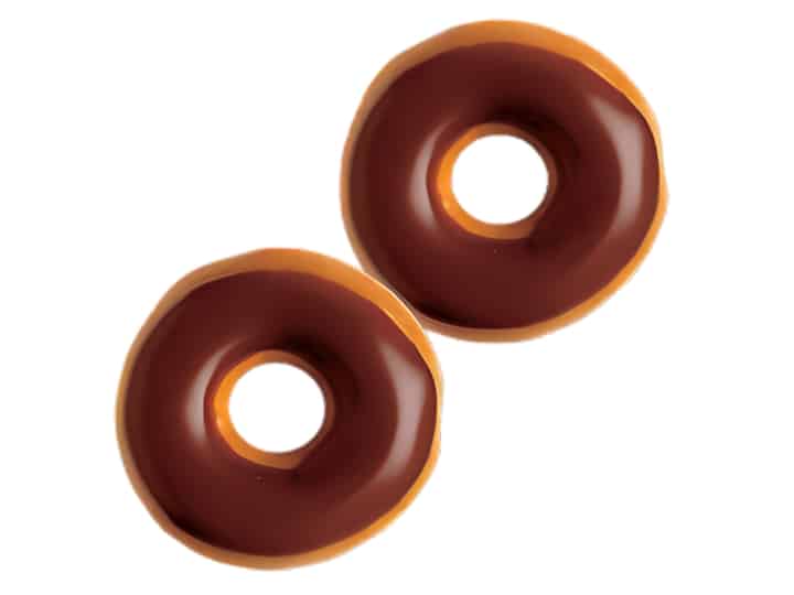 An image of two mini chocolate iced doughnuts on a white background.