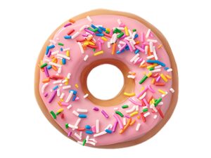 An image of a mini strawberry iced doughnut with sprinkles from Krispy Kreme on a white background.