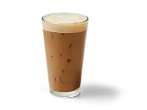 An image of an iced original glazed latte from Krispy Kreme in a glass cup on a white background.