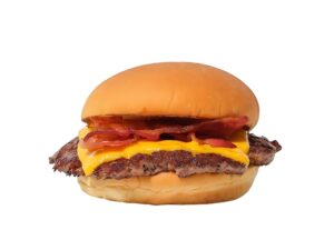 An image of a Shake Shack bacon cheeseburger on a white background.