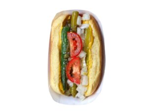 An image of a Shake Shack garden dog on a white background.