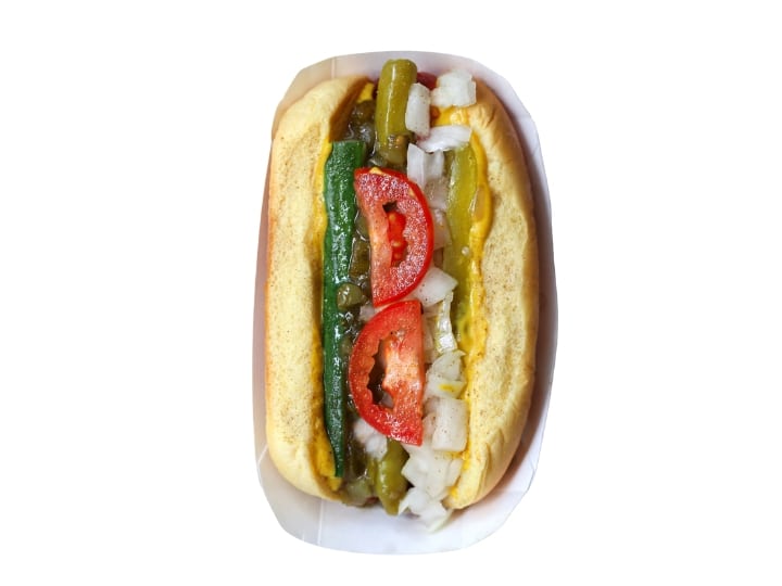 An image of a Shake Shack garden dog on a white background.