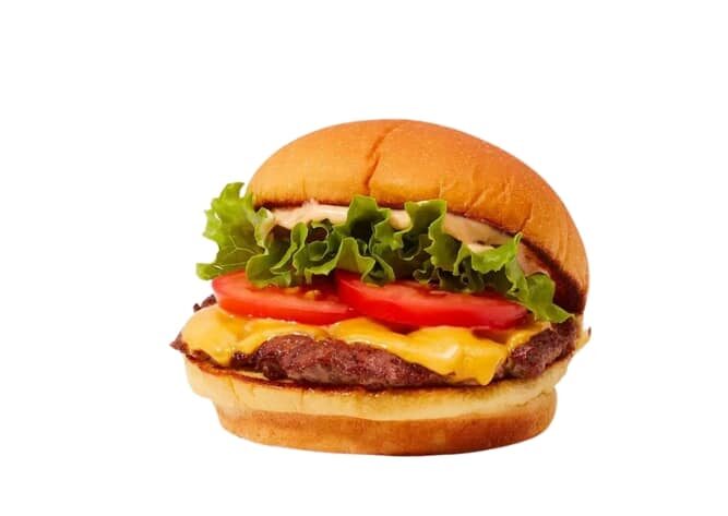 An image of a Shake Shack gluten free cheeseburger on a white background.