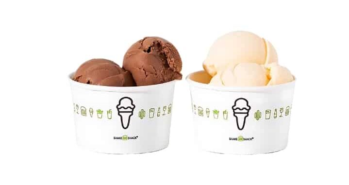 An image of a Shake Shack single vanilla cup and single chocolate cup on a white background.