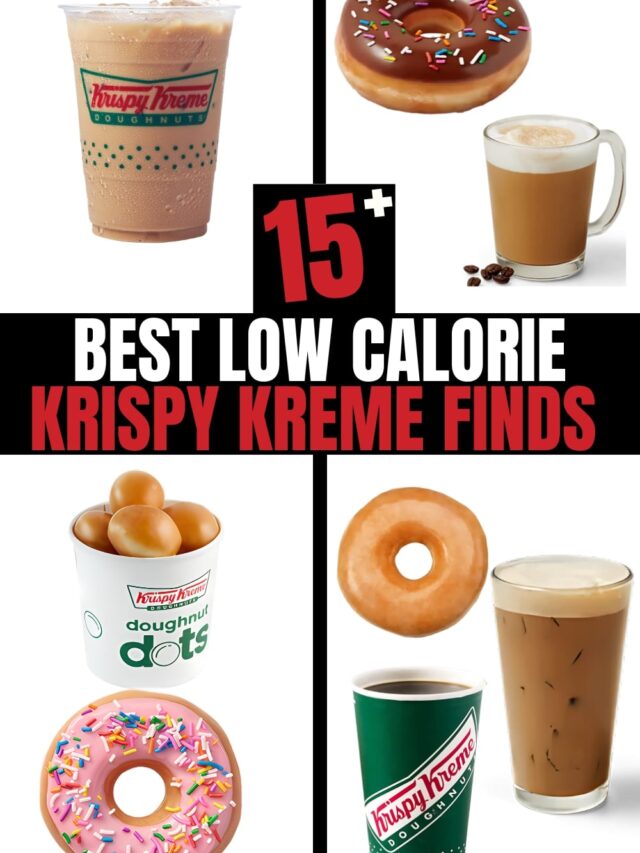 Several different photos of low calorie Krispy Kreme orders on a white background. There is text on a black background that reads "15+ Best Low Calorie Krispy Kreme Finds"
