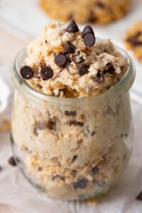 Cottage cheese chocolate chip cookie dough in a glass pot