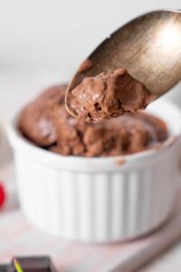 Chocolate cottage cheese ice cream on a spoon.