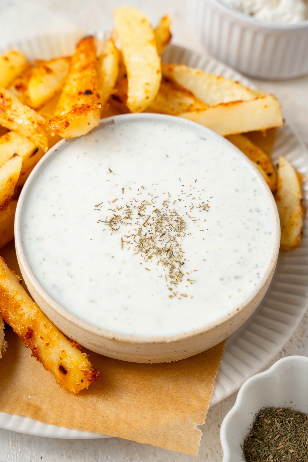 Seasoned french fries and cottage cheese ranch dip.