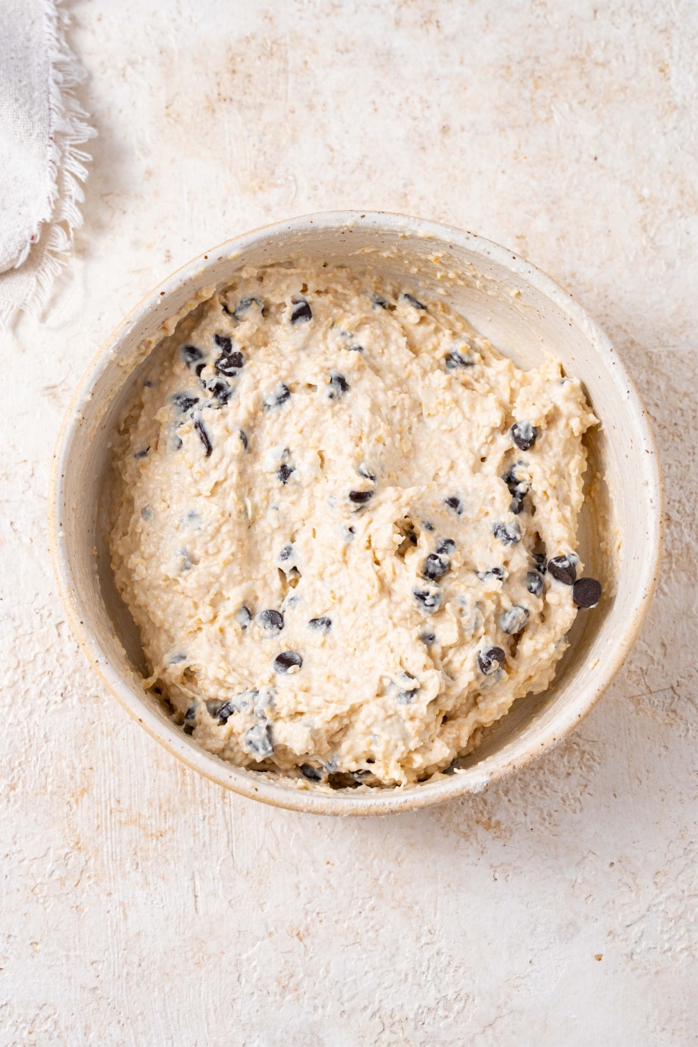 Chocolate chip cottage cheese cookie dough mixed in a bowl.