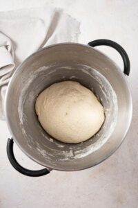 Bread dough rising in a large pot.