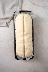 Bread dough scored down the middle in a loaf pan lined with parchment paper.
