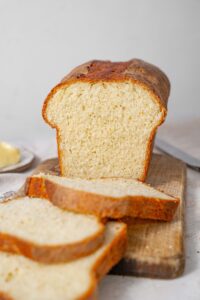 A look at the center of a sliced cottage cheese bread loaf.