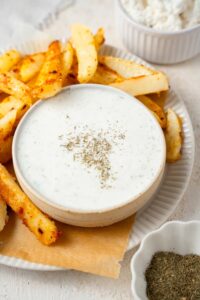 A bowl of cottage cheese ranch dip plated up with a generous helping of seasoned french fries.