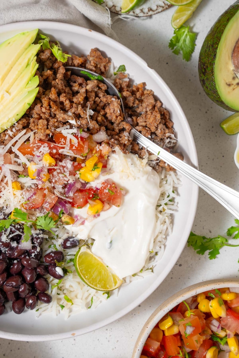 Close up of a taco bowl with cottage cheese topping.