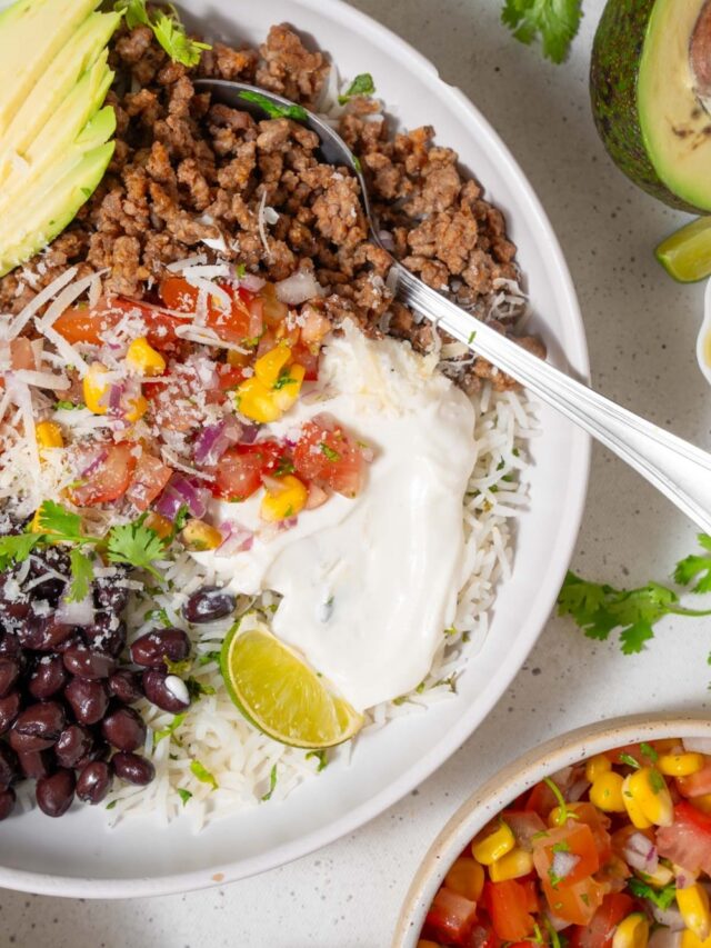 Close up of a taco bowl with cottage cheese topping.