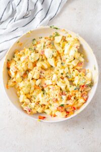 Cottage cheese egg salad mixed together in a bowl.