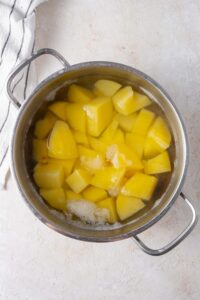 Potato chunks in a pot of water.