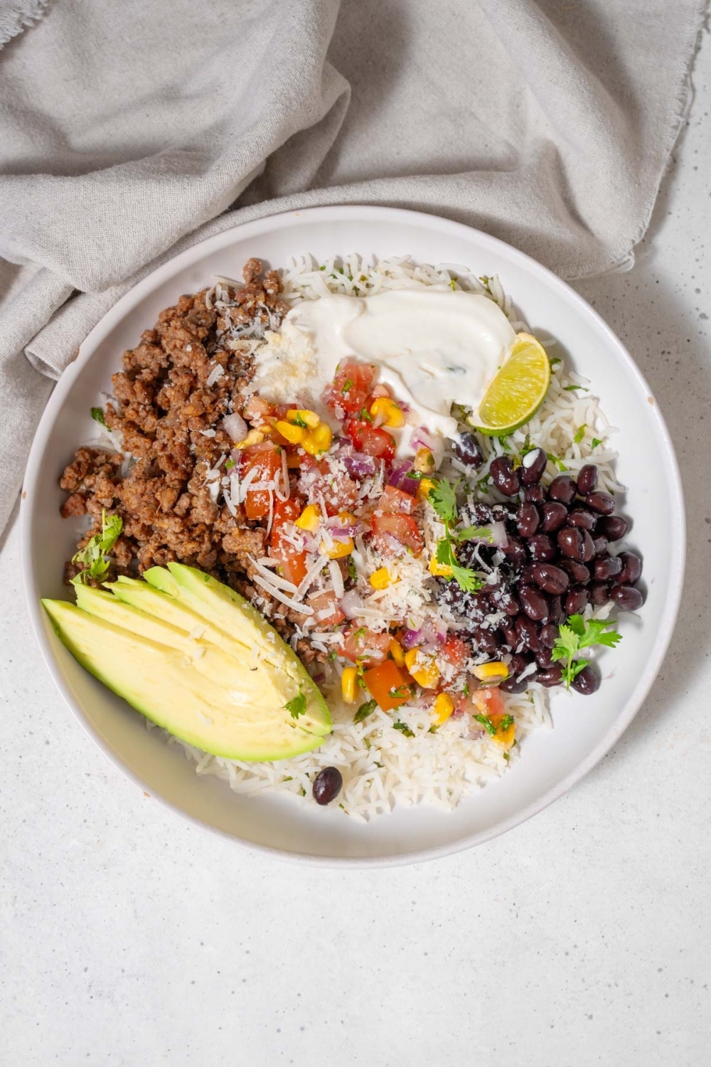 Top view of a taco cottage cheese bowl with corn salsa.
