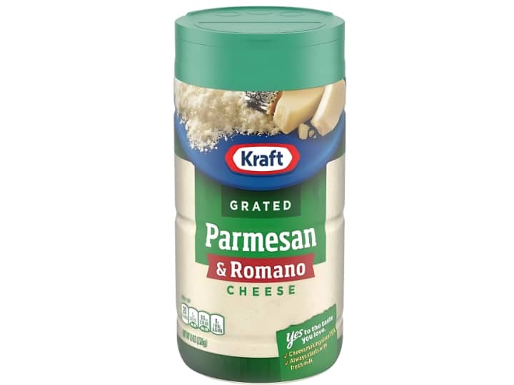 A container of Kraft grated parmesan and romano cheese.