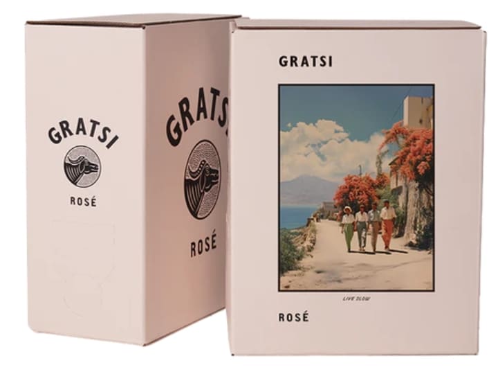A box of Gratsi Rose wine.